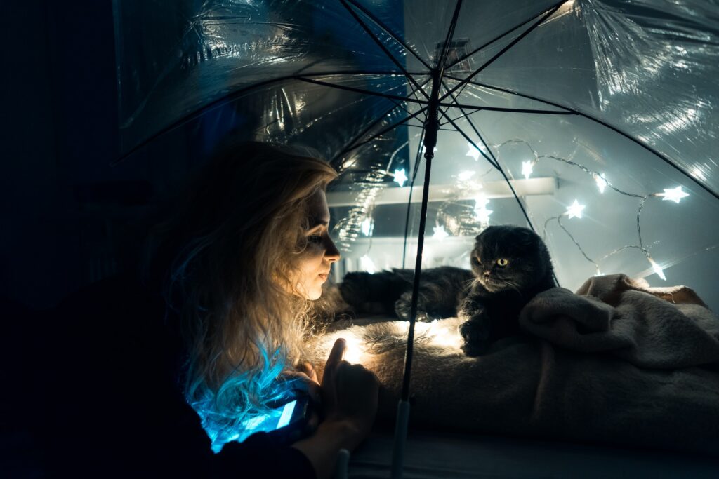 A cat and woman under an umbrella with garlands
