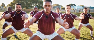 Rugby, haka or team with motivation, solidarity or support in a battle cry, war dance or challenge