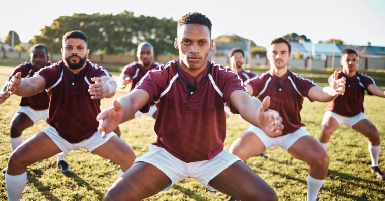 Rugby, haka or team with motivation, solidarity or support in a battle cry, war dance or challenge